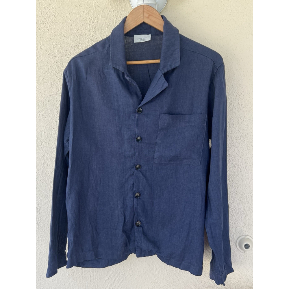 Rough Linen Blue Button Down Shirt Resort Beach Coastal Lightweight Minimal USA